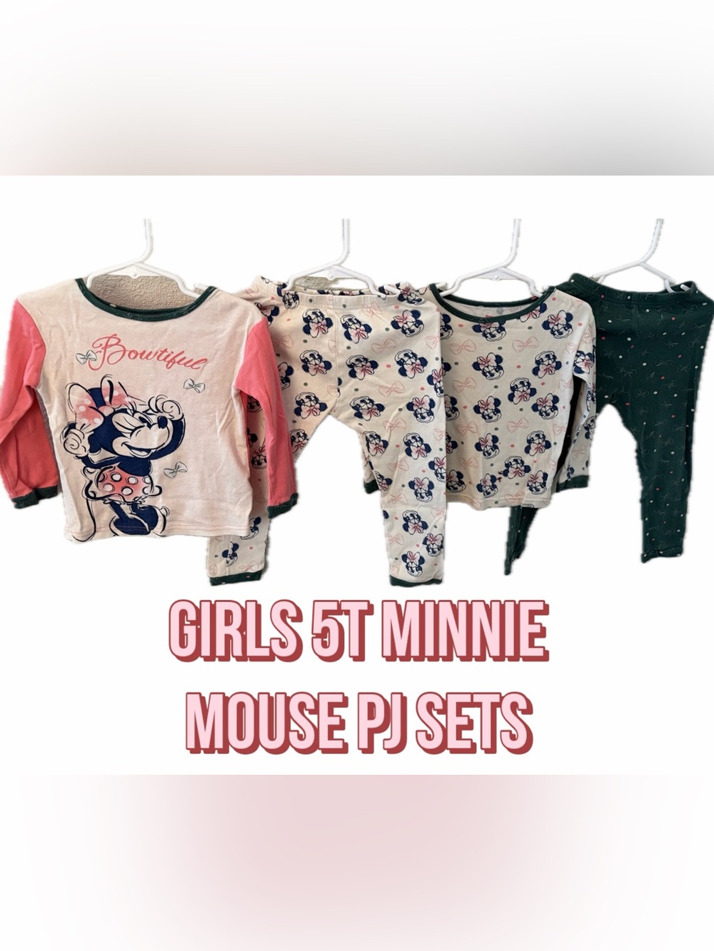Disney Girls Minnie Mouse 5T Fitted Pajama Sets in Pink, Cream & Green